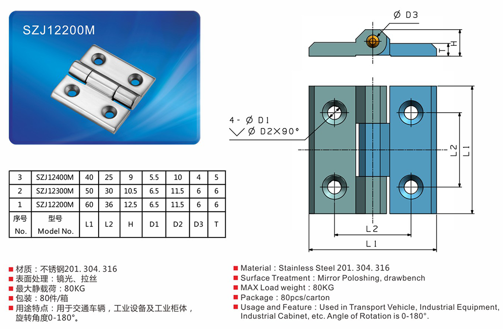 SZJ12200M/SZJ12300M/SZJ12400M 工業(yè)設(shè)備門(mén)常規(guī)四方形304不銹鋼精鑄合頁(yè)鉸鏈